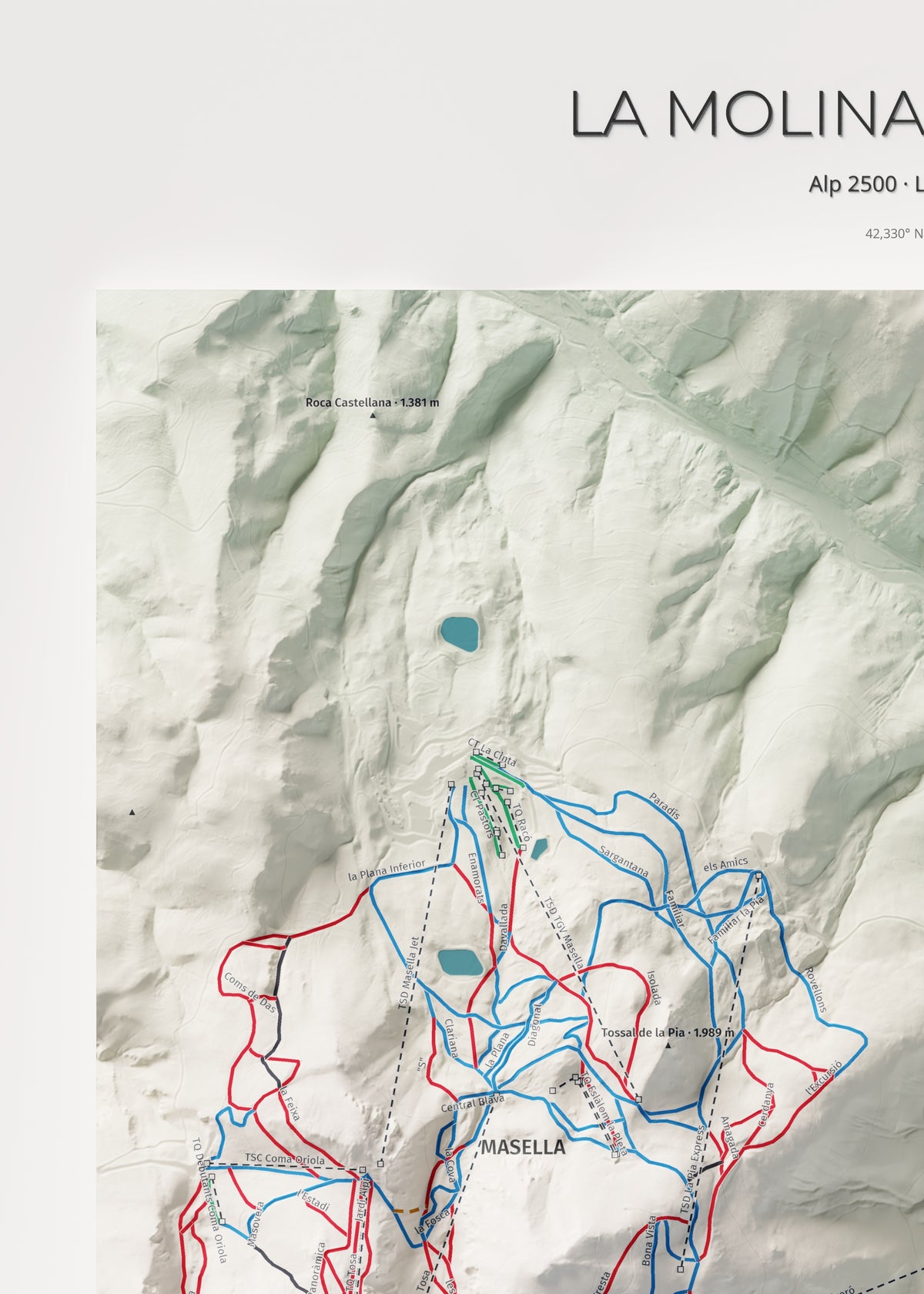 Mapa de pistes de La Molina · Masella · Cartogràfic · 50 × 70 cm. Detall del quadrant superior esquerre.