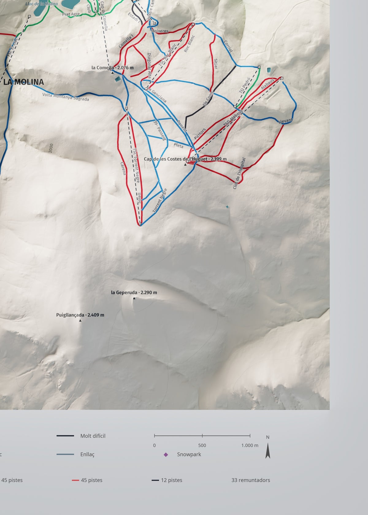 Mapa de pistes de La Molina · Masella · Cartogràfic · 50 × 70 cm. Detall del quadrant inferior dret.