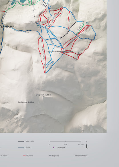 Mapa de pistes de La Molina · Masella · Cartogràfic · 50 × 70 cm. Detall del quadrant inferior dret.