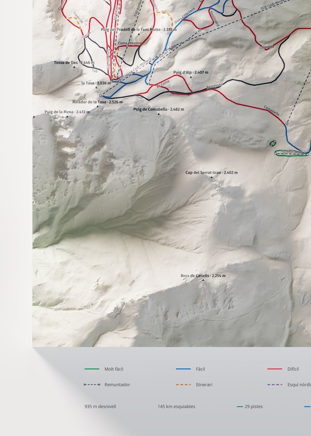 Mapa de pistes de La Molina · Masella · Cartogràfic · 50 × 70 cm. Detall del quadrant inferior esquerre.
