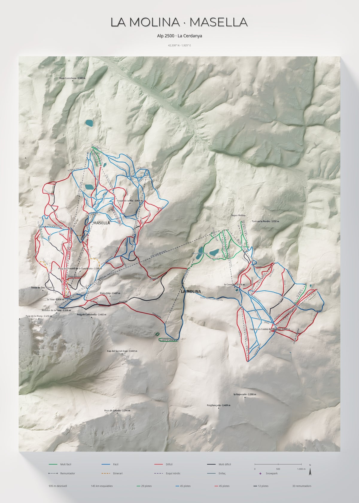 Mapa de pistes de La Molina · Masella · Cartogràfic · 50 × 70 cm. Làmina sencera.