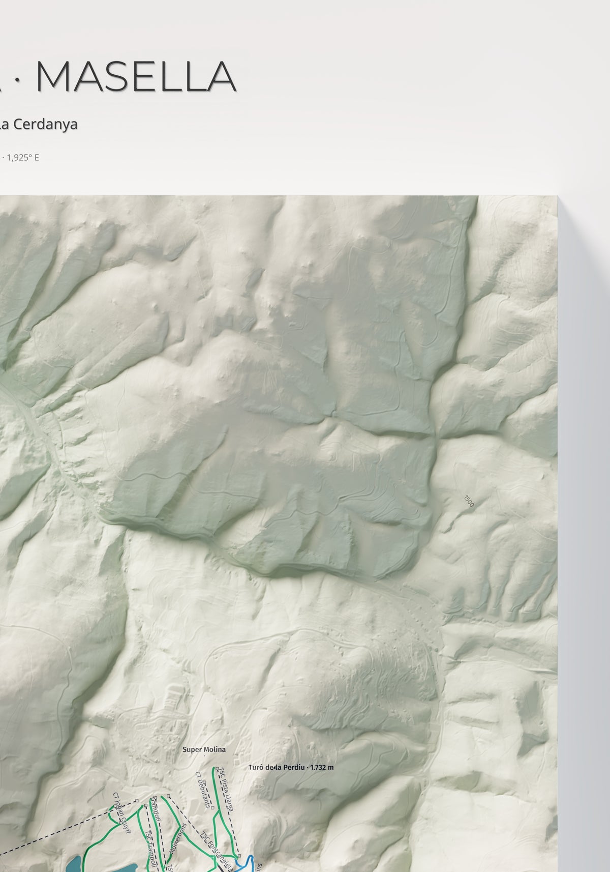 Mapa de pistes de La Molina · Masella · Cartogràfic · 70 × 100 cm. Detall del quadrant superior dret.