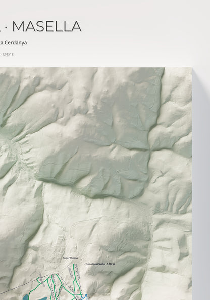 Mapa de pistes de La Molina · Masella · Cartogràfic · 70 × 100 cm. Detall del quadrant superior dret.
