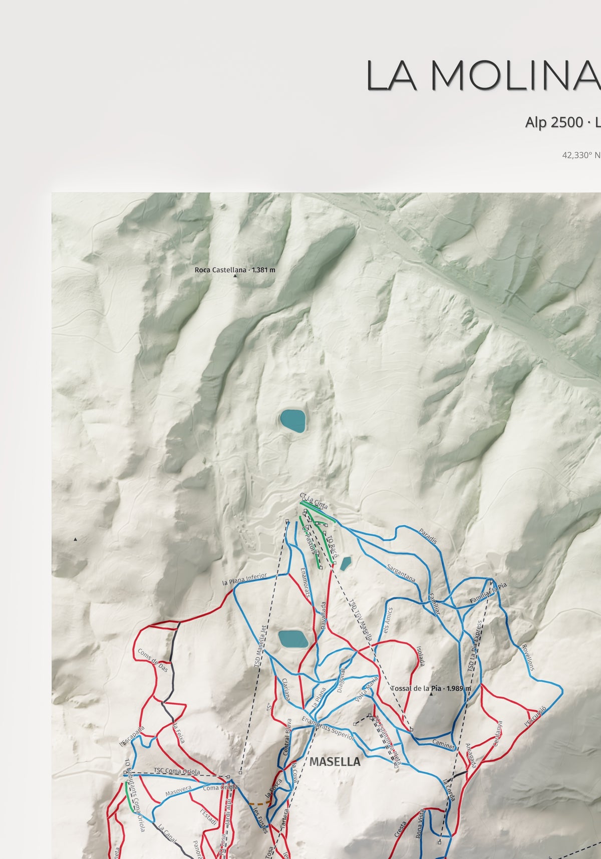 Mapa de pistes de La Molina · Masella · Cartogràfic · 70 × 100 cm. Detall del quadrant superior esquerre.