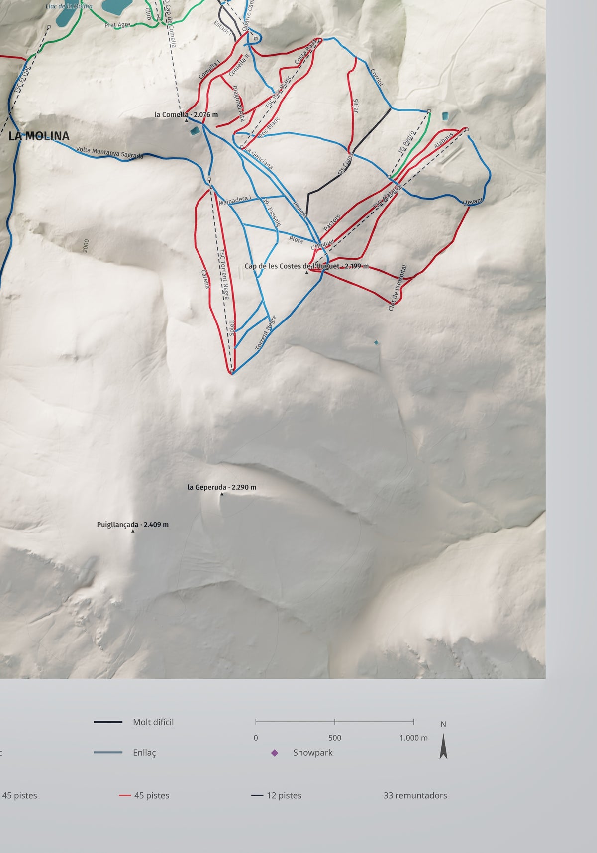 Mapa de pistes de La Molina · Masella · Cartogràfic · 70 × 100 cm. Detall del quadrant inferior dret.