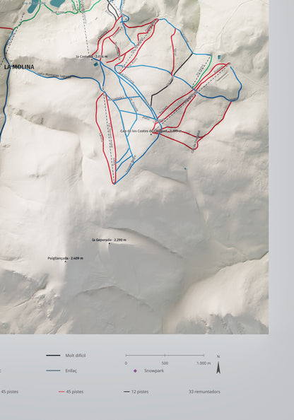 Mapa de pistes de La Molina · Masella · Cartogràfic · 70 × 100 cm. Detall del quadrant inferior dret.