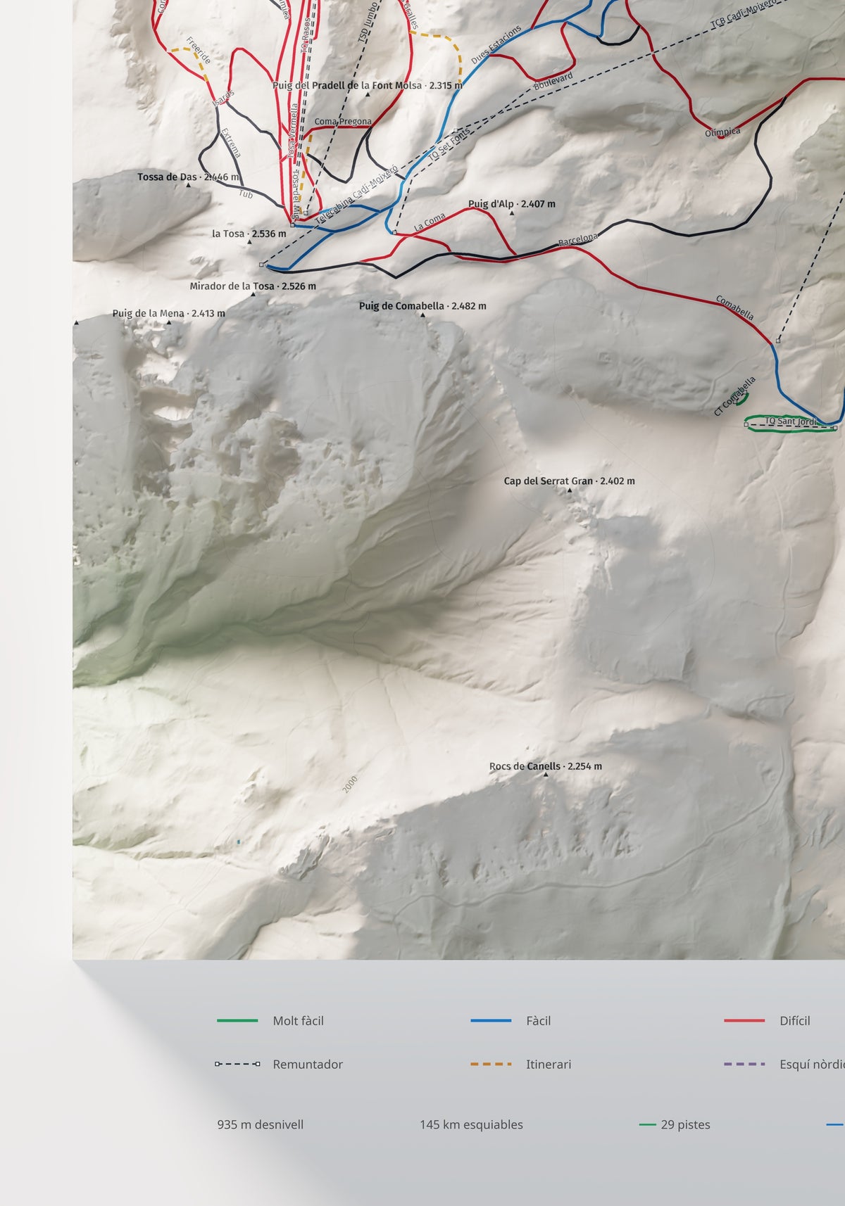 Mapa de pistes de La Molina · Masella · Cartogràfic · 70 × 100 cm. Detall del quadrant inferior esquerre.