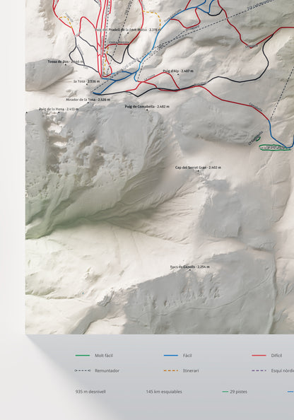 Mapa de pistes de La Molina · Masella · Cartogràfic · 70 × 100 cm. Detall del quadrant inferior esquerre.