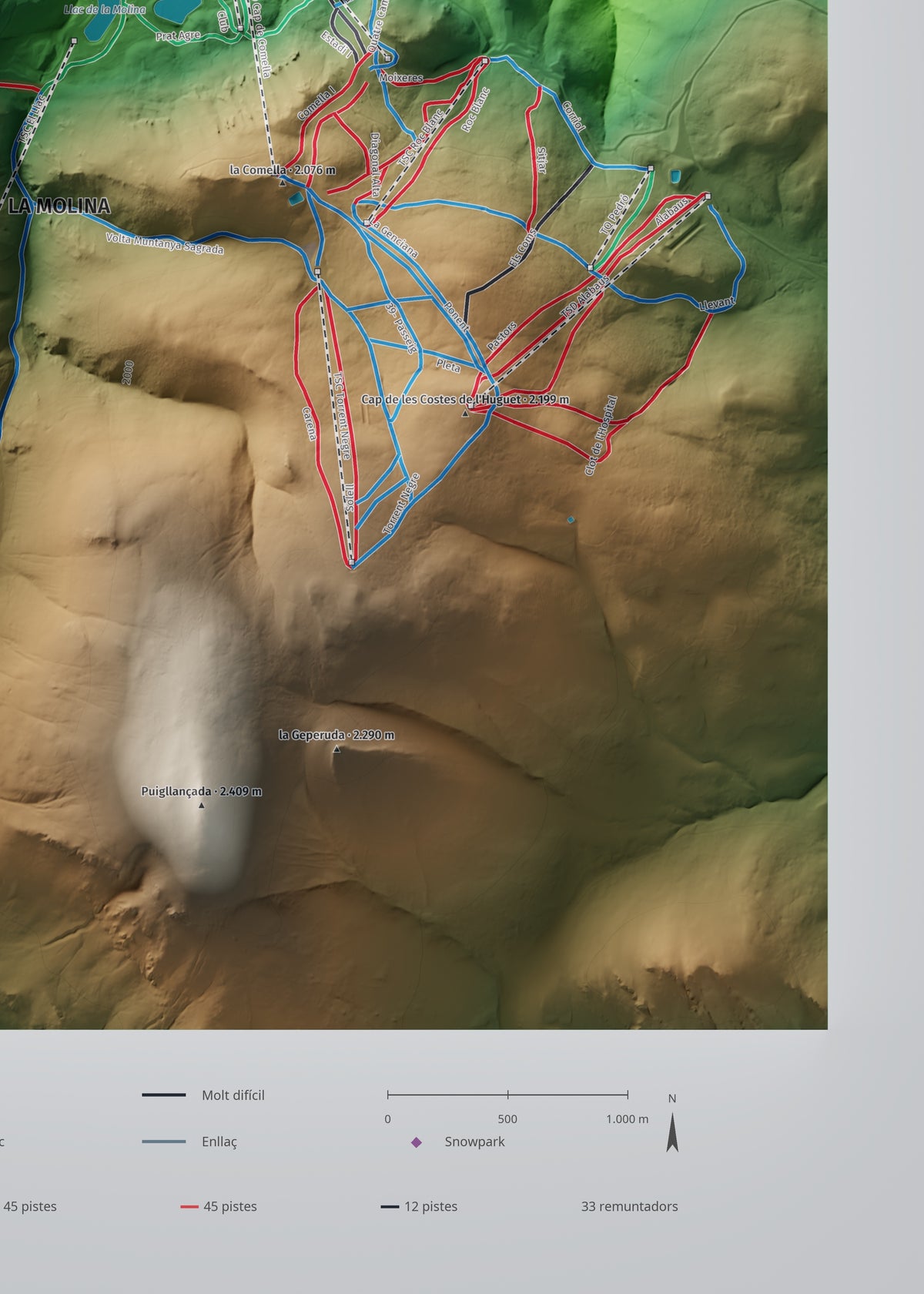 Mapa de pistes de La Molina · Masella · Clàssic · 50 × 70 cm. Detall del quadrant inferior dret.