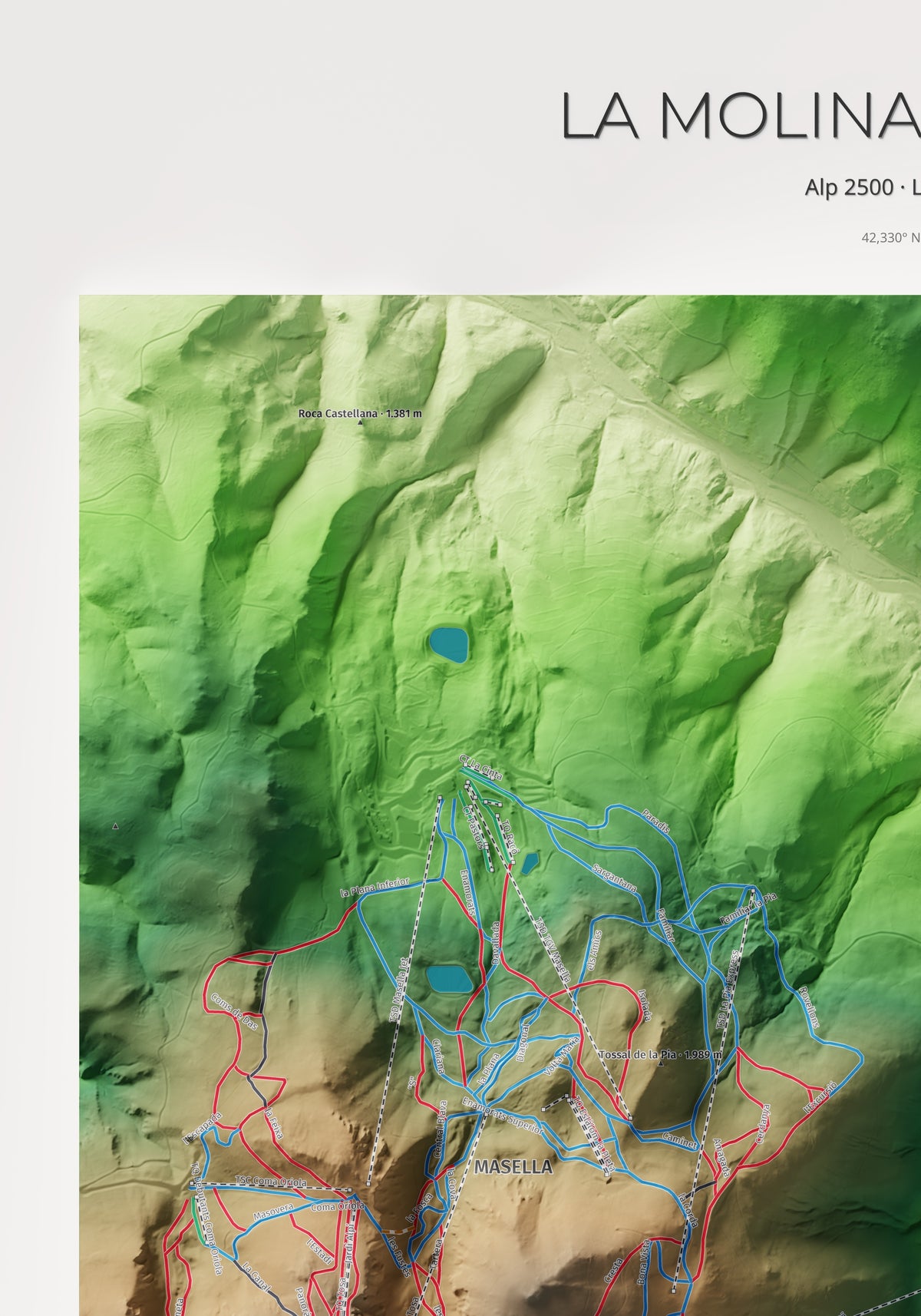 Mapa de pistes de La Molina · Masella · Clàssic · 70 × 100 cm. Detall del quadrant superior esquerre.