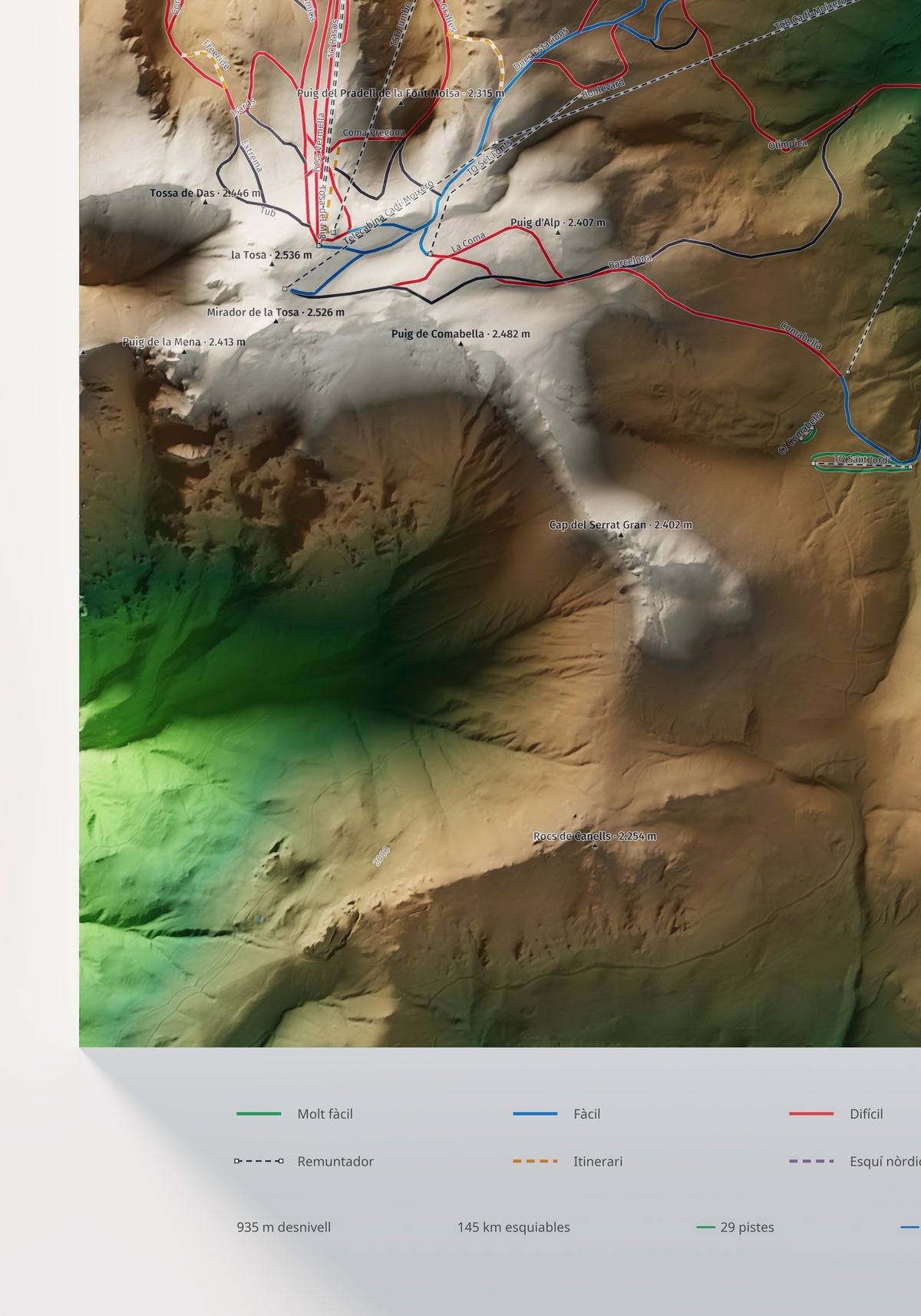 Mapa de pistes de La Molina · Masella · Clàssic · 70 × 100 cm. Detall del quadrant inferior esquerre.