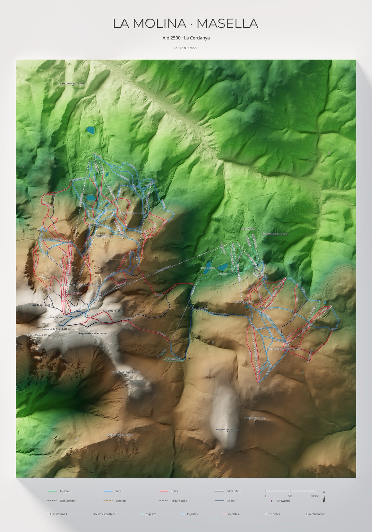 Mapa de pistes de La Molina · Masella · Clàssic · 70 × 100 cm. Làmina sencera.