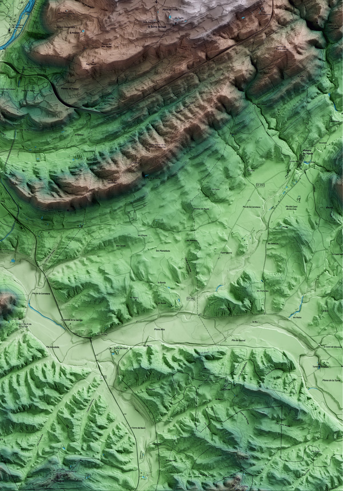 Mapa artístico del relieve de la Baronia de Rialb, a la Noguera, con 15 km de entorno y base topográfica ICGC. Detalle de la zona inferior derecha.