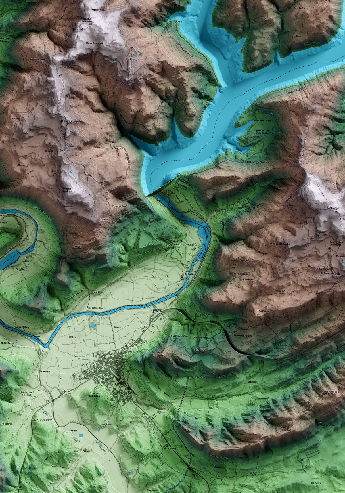 Mapa artístico del relieve de la Baronia de Rialb, a la Noguera, con 15 km de entorno y base topográfica ICGC. Detalle de la zona central.