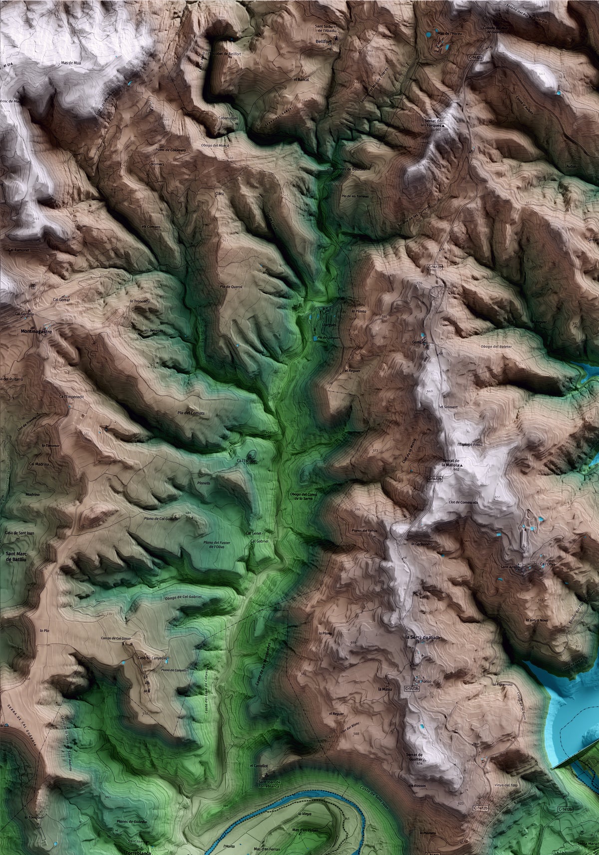 Mapa artístico del relieve de la Baronia de Rialb, a la Noguera, con 15 km de entorno y base topográfica ICGC. Detalle de la zona superior izquierda.