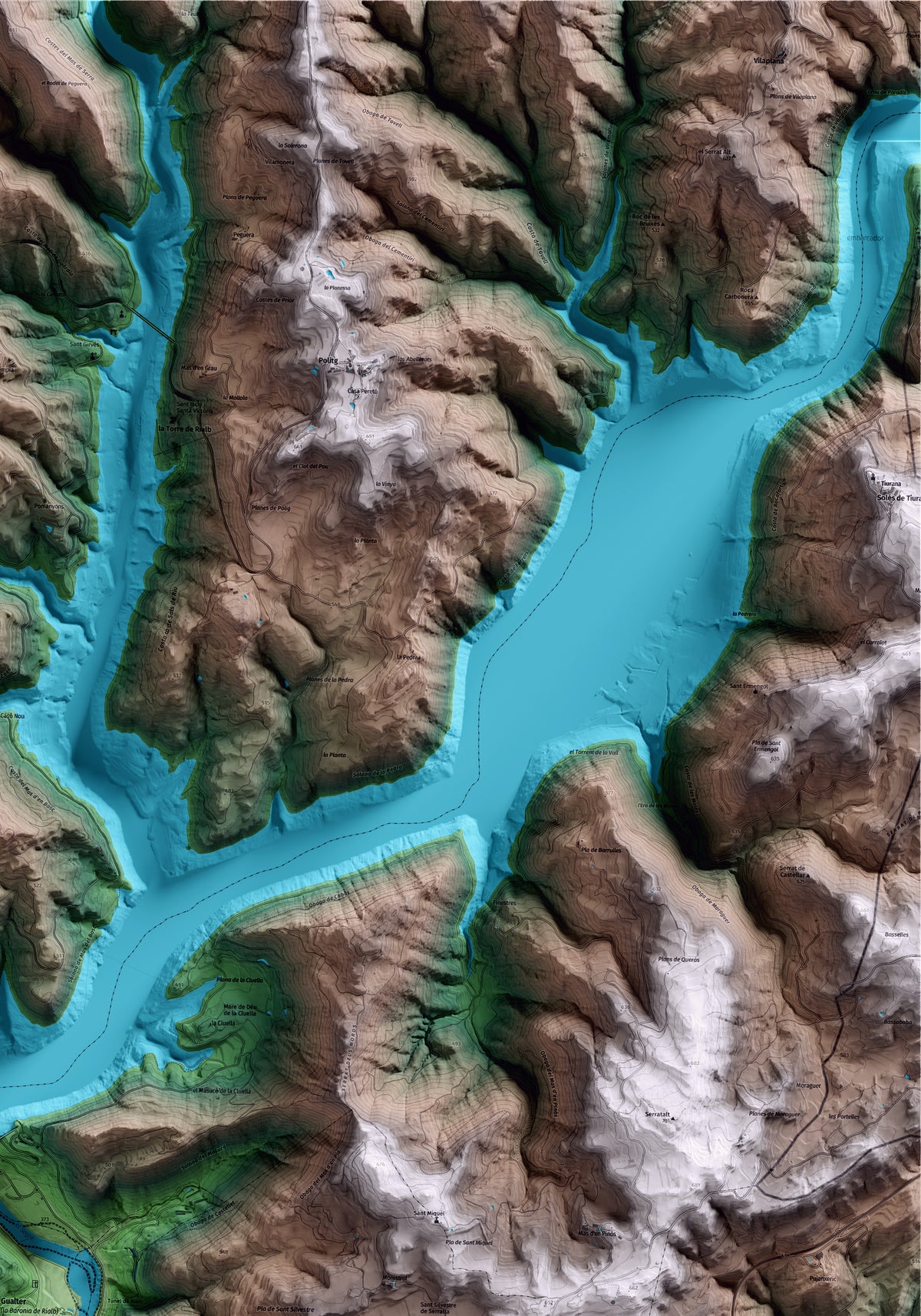 Mapa artístico del relieve de la Baronia de Rialb, a la Noguera, con 15 km de entorno y base topográfica ICGC. Detalle de la zona superior derecha.