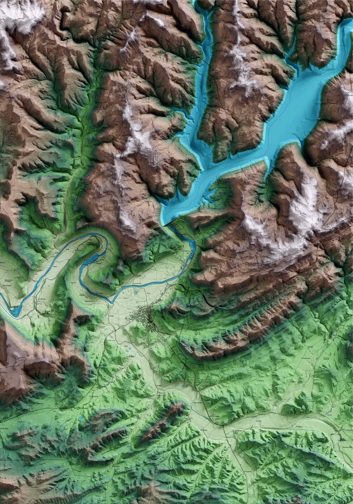 Mapa artístico del relieve de la Baronia de Rialb, a la Noguera, con 15 km de entorno y base topográfica ICGC
