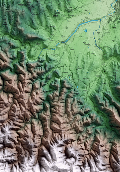 Mapa artístico del relieve de la Bisbal d'Empordà, al Baix Empordà, con 15 km de entorno y base topográfica ICGC. Detalle de la zona inferior izquierda.
