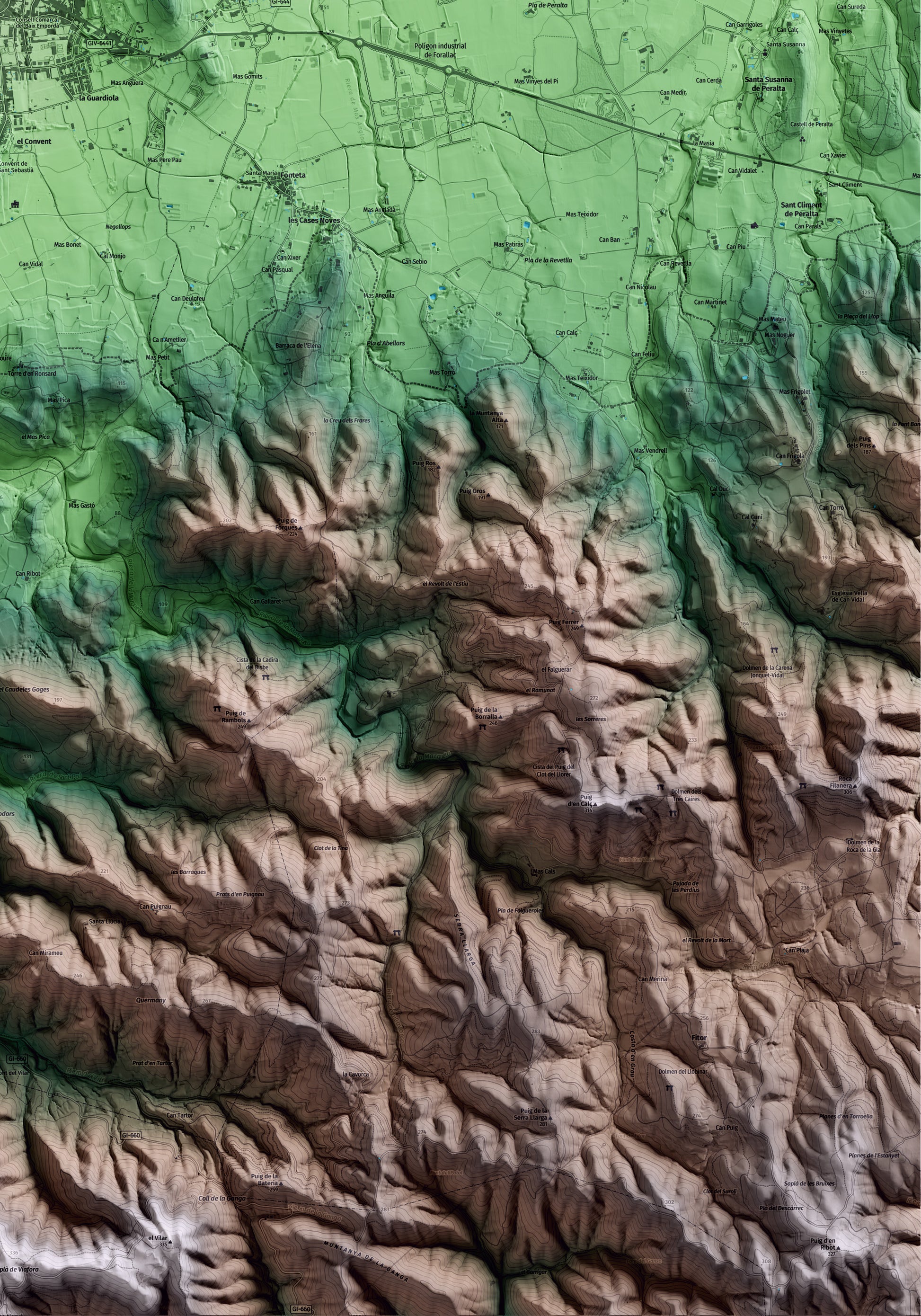 Mapa artístico del relieve de la Bisbal d'Empordà, al Baix Empordà, con 15 km de entorno y base topográfica ICGC. Detalle de la zona inferior derecha.
