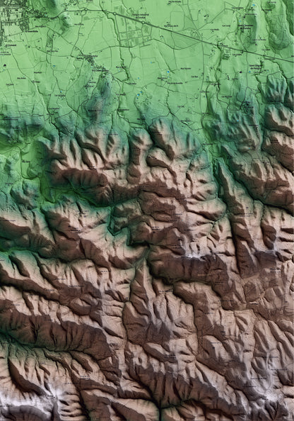 Mapa artístico del relieve de la Bisbal d'Empordà, al Baix Empordà, con 15 km de entorno y base topográfica ICGC. Detalle de la zona inferior derecha.