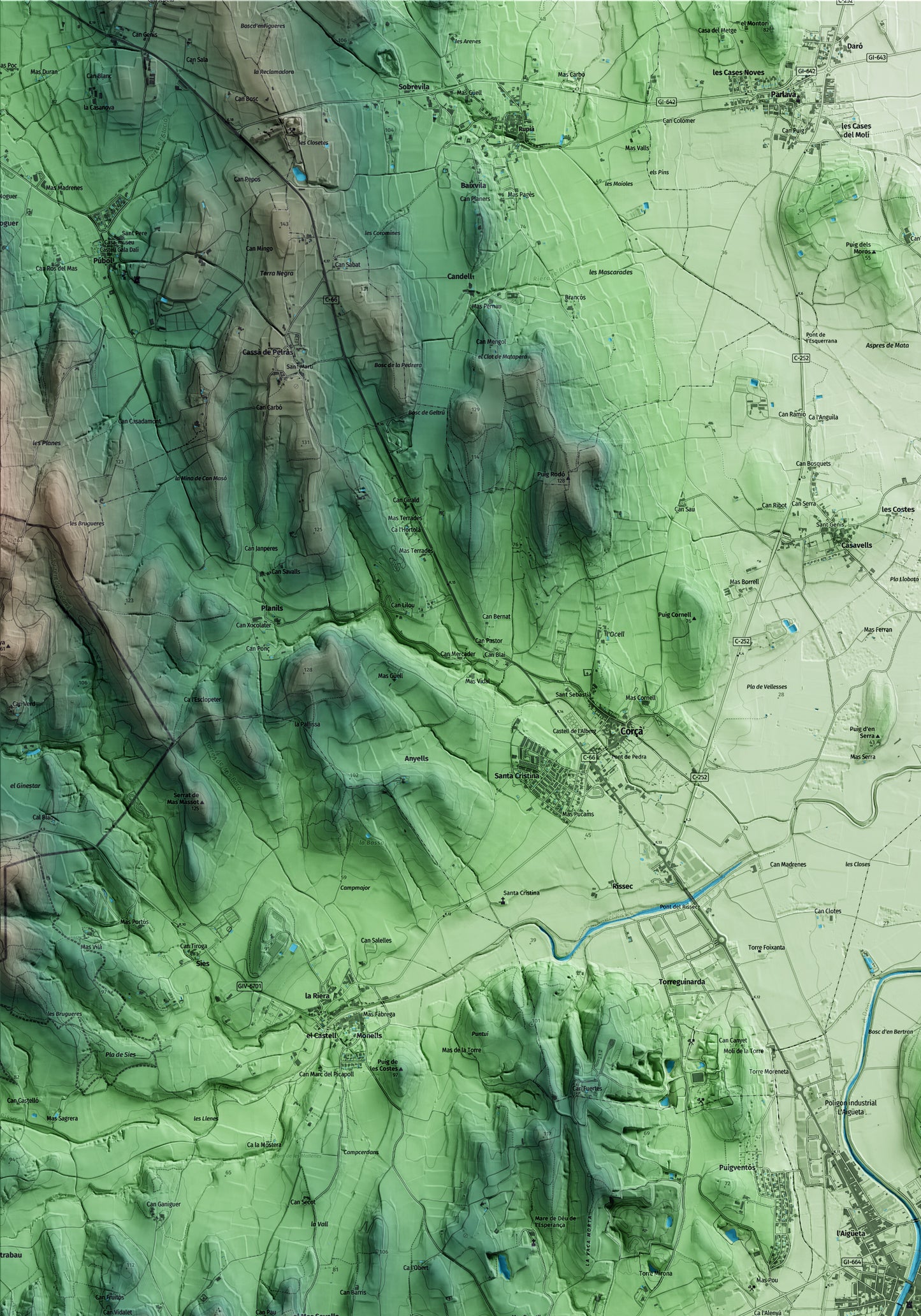Mapa artístico del relieve de la Bisbal d'Empordà, al Baix Empordà, con 15 km de entorno y base topográfica ICGC. Detalle de la zona superior izquierda.