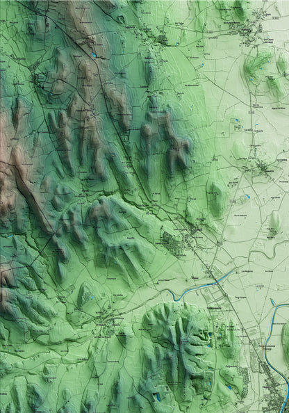 Mapa artístico del relieve de la Bisbal d'Empordà, al Baix Empordà, con 15 km de entorno y base topográfica ICGC. Detalle de la zona superior izquierda.