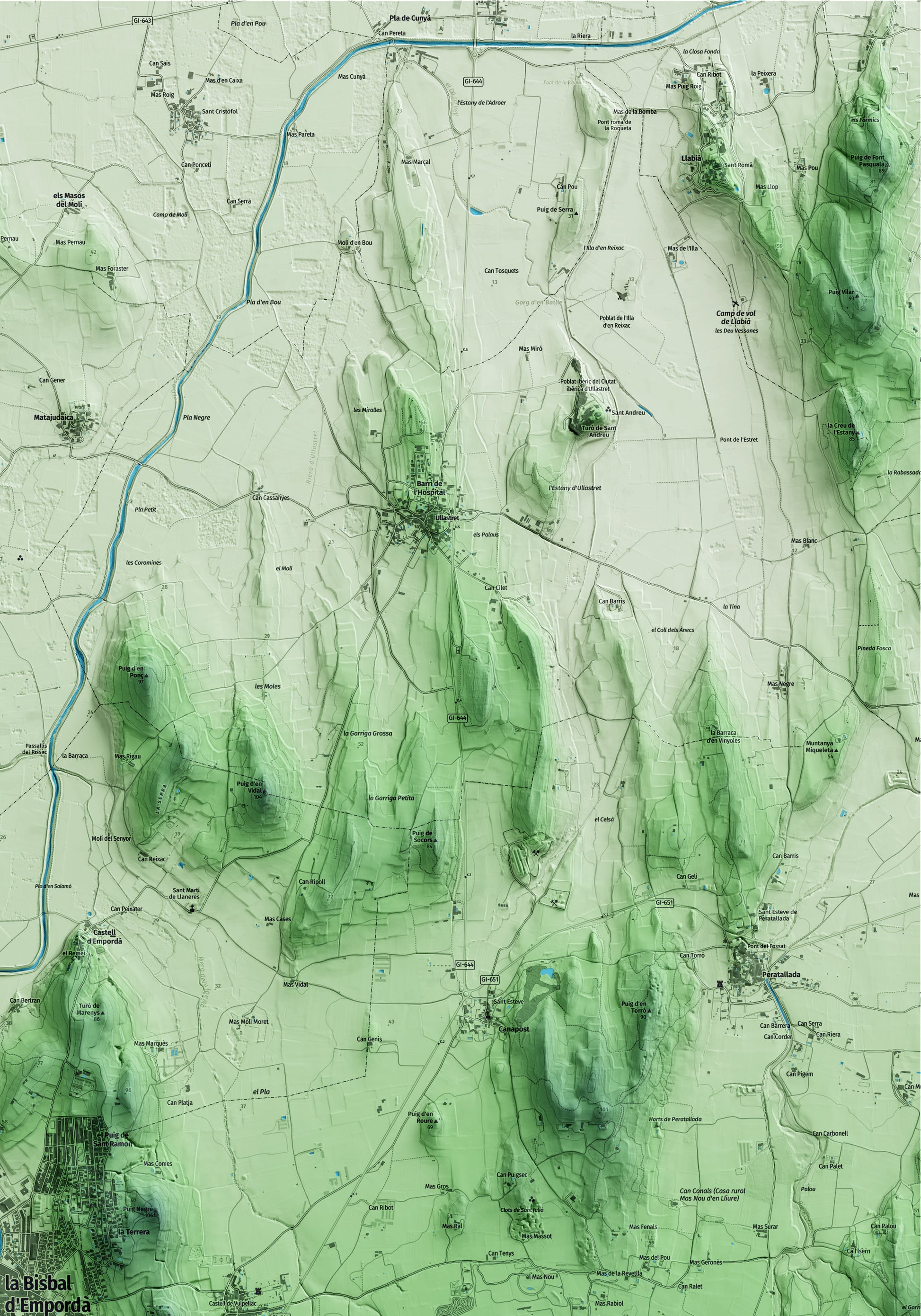 Mapa artístico del relieve de la Bisbal d'Empordà, al Baix Empordà, con 15 km de entorno y base topográfica ICGC. Detalle de la zona superior derecha.