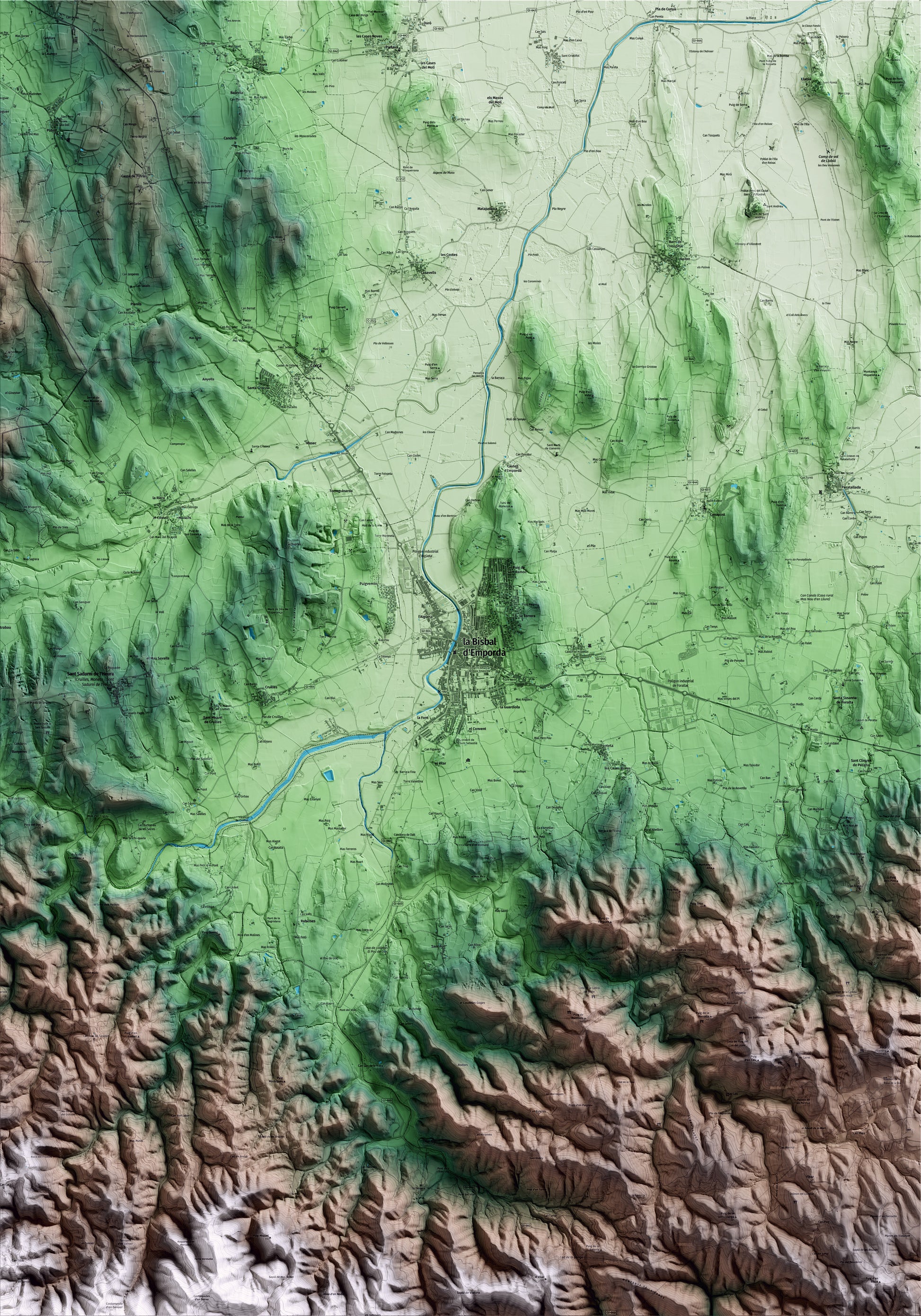 Mapa artístico del relieve de la Bisbal d'Empordà, al Baix Empordà, con 15 km de entorno y base topográfica ICGC