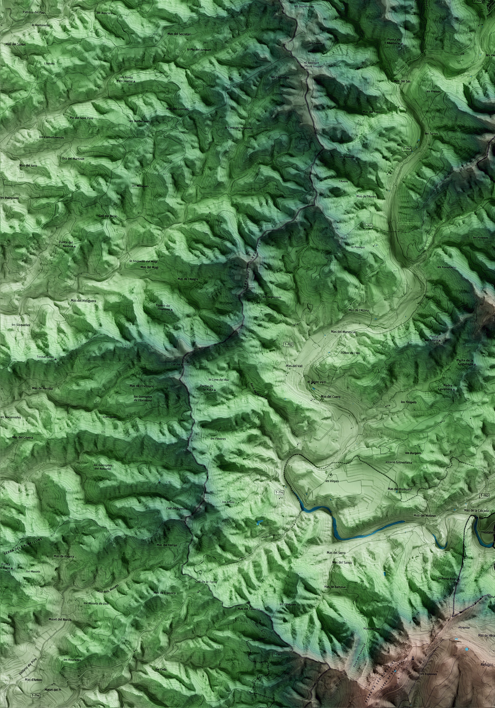 Mapa artístico del relieve de la Bisbal de Falset, al Priorat, con 15 km de entorno y base topográfica ICGC. Detalle de la zona inferior izquierda.