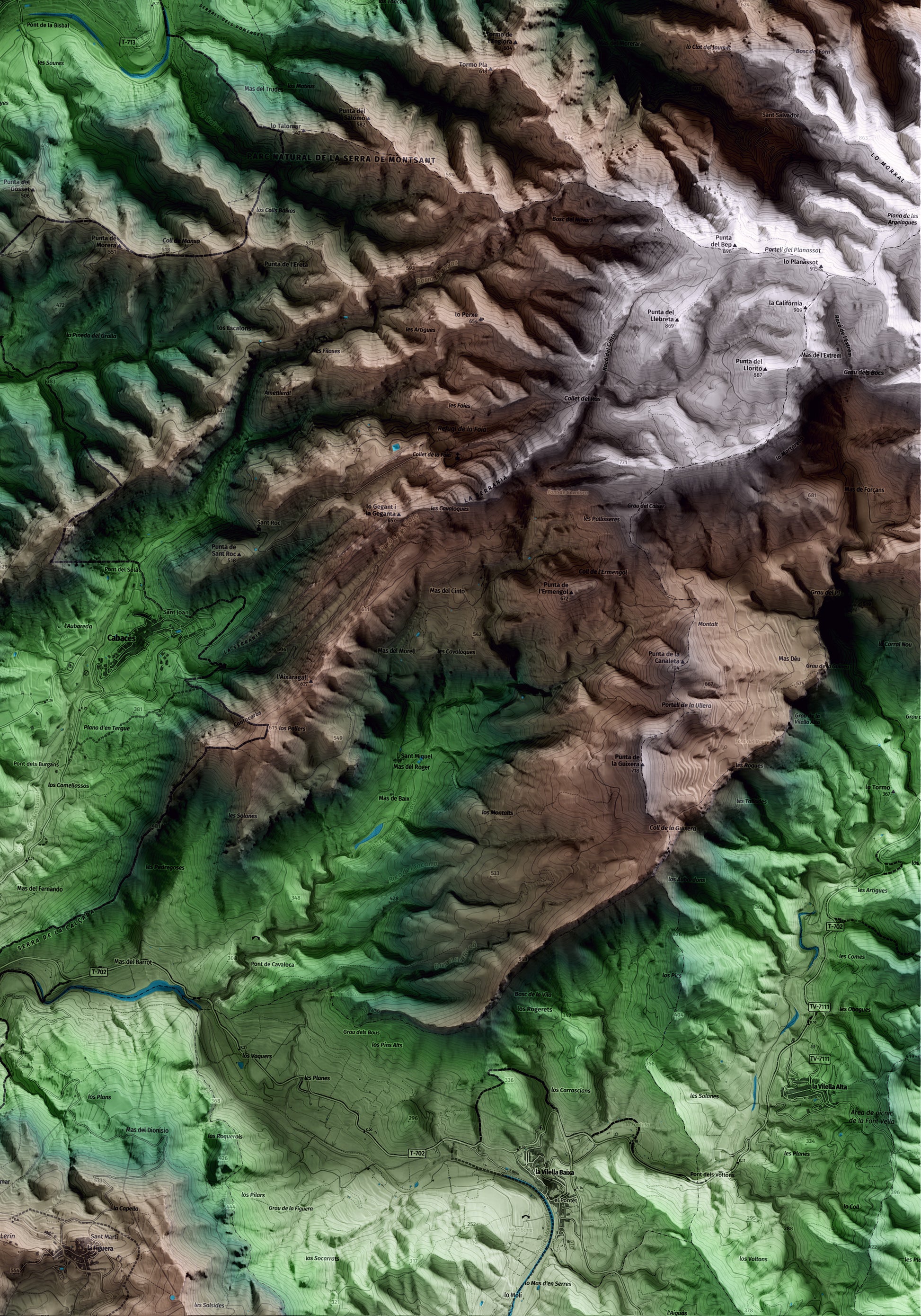 Mapa artístico del relieve de la Bisbal de Falset, al Priorat, con 15 km de entorno y base topográfica ICGC. Detalle de la zona inferior derecha.