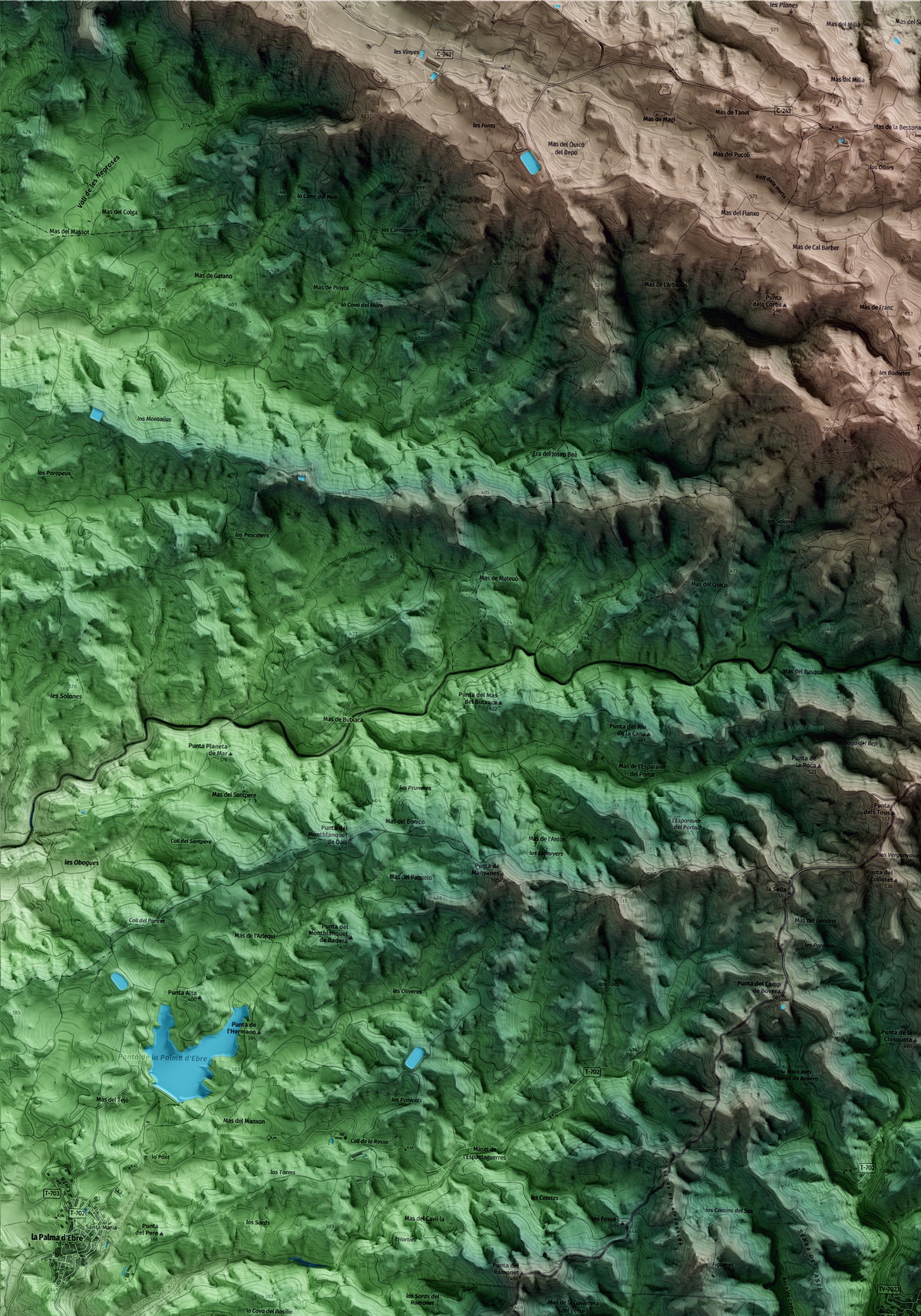 Mapa artístico del relieve de la Bisbal de Falset, al Priorat, con 15 km de entorno y base topográfica ICGC. Detalle de la zona superior izquierda.