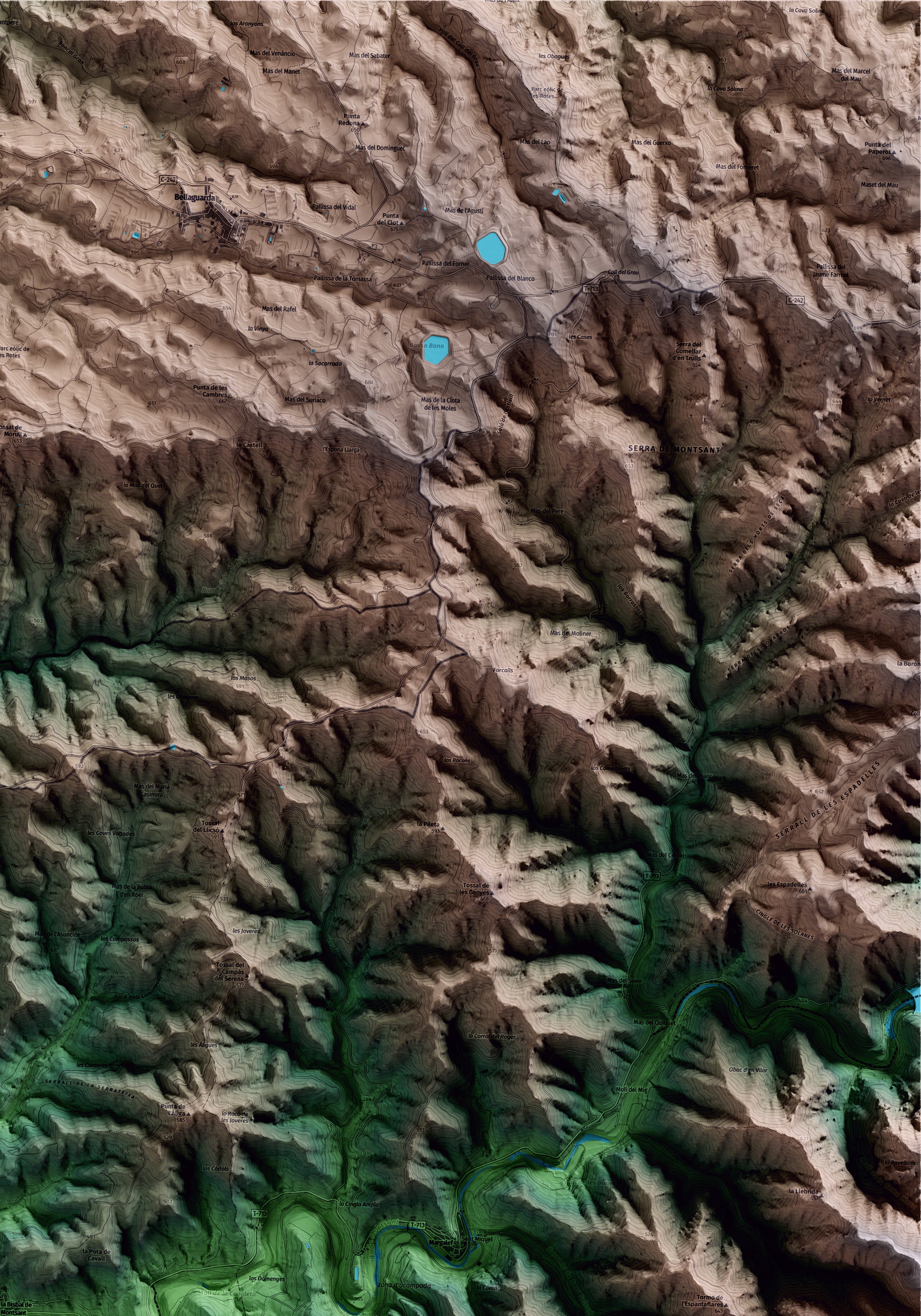 Mapa artístico del relieve de la Bisbal de Falset, al Priorat, con 15 km de entorno y base topográfica ICGC. Detalle de la zona superior derecha.