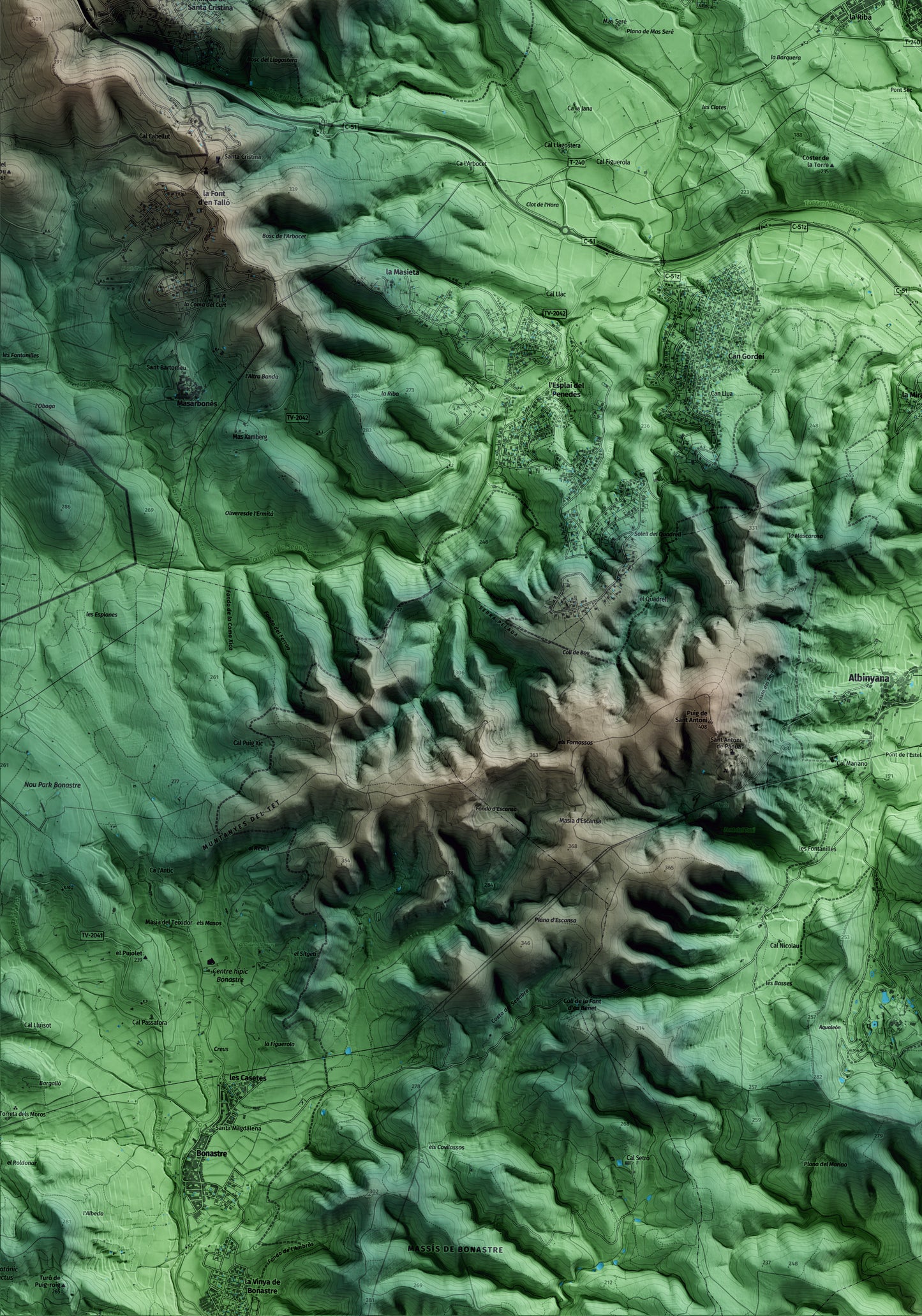 Mapa artístico del relieve de la Bisbal del Penedès, al Baix Penedès, con 15 km de entorno y base topográfica ICGC. Detalle de la zona inferior izquierda.