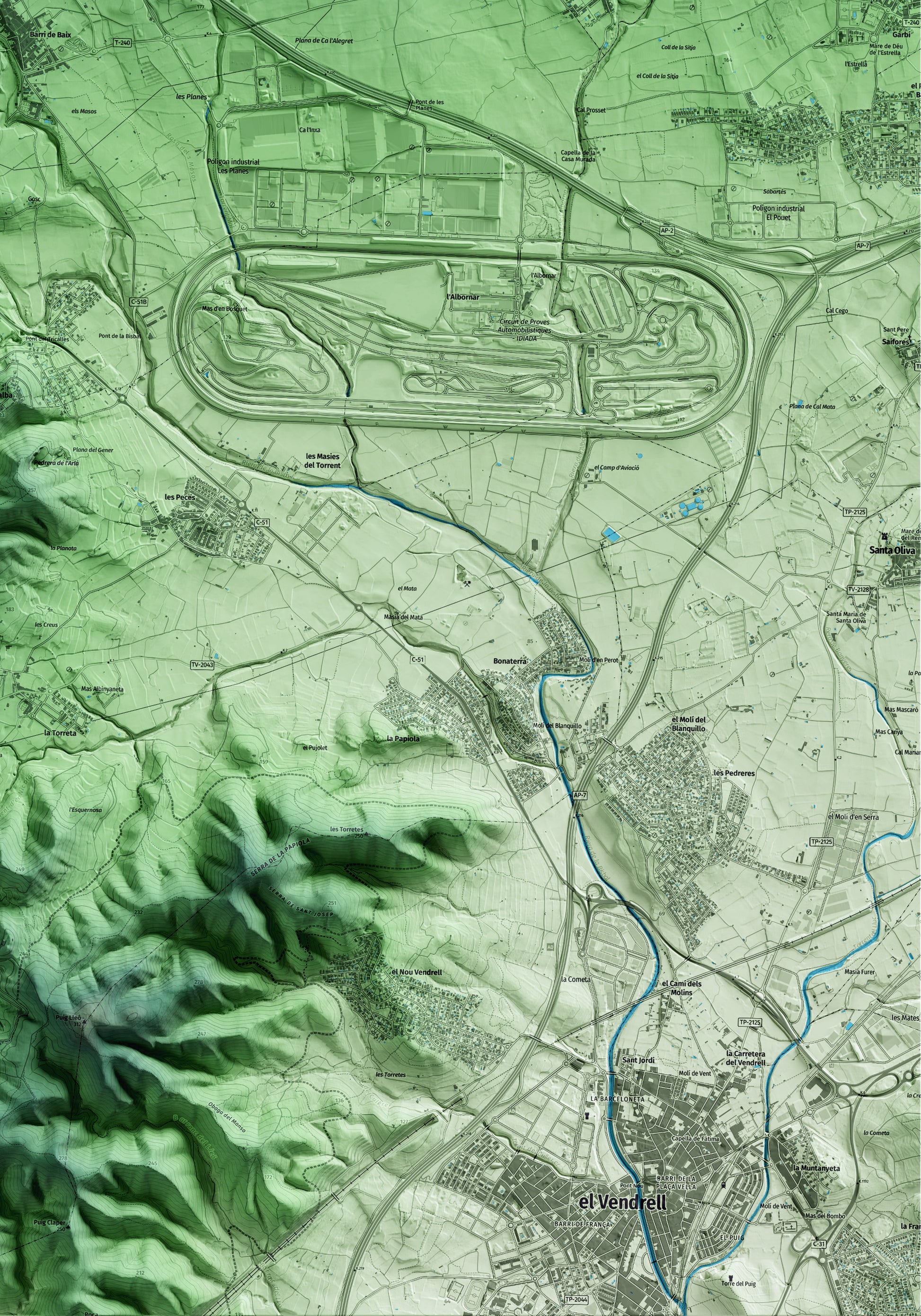Mapa artístico del relieve de la Bisbal del Penedès, al Baix Penedès, con 15 km de entorno y base topográfica ICGC. Detalle de la zona inferior derecha.
