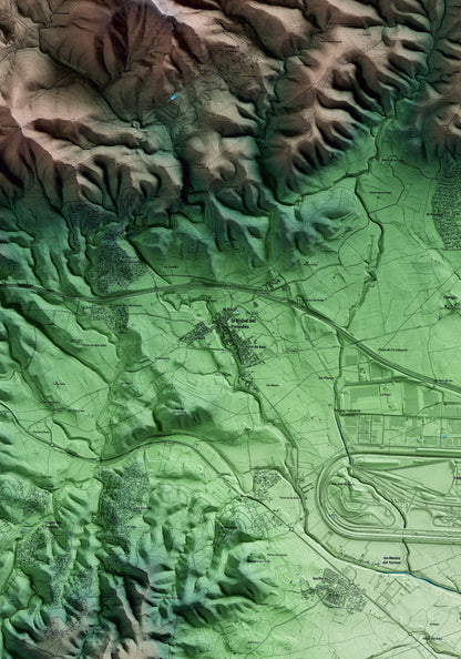 Mapa artístico del relieve de la Bisbal del Penedès, al Baix Penedès, con 15 km de entorno y base topográfica ICGC. Detalle de la zona central.