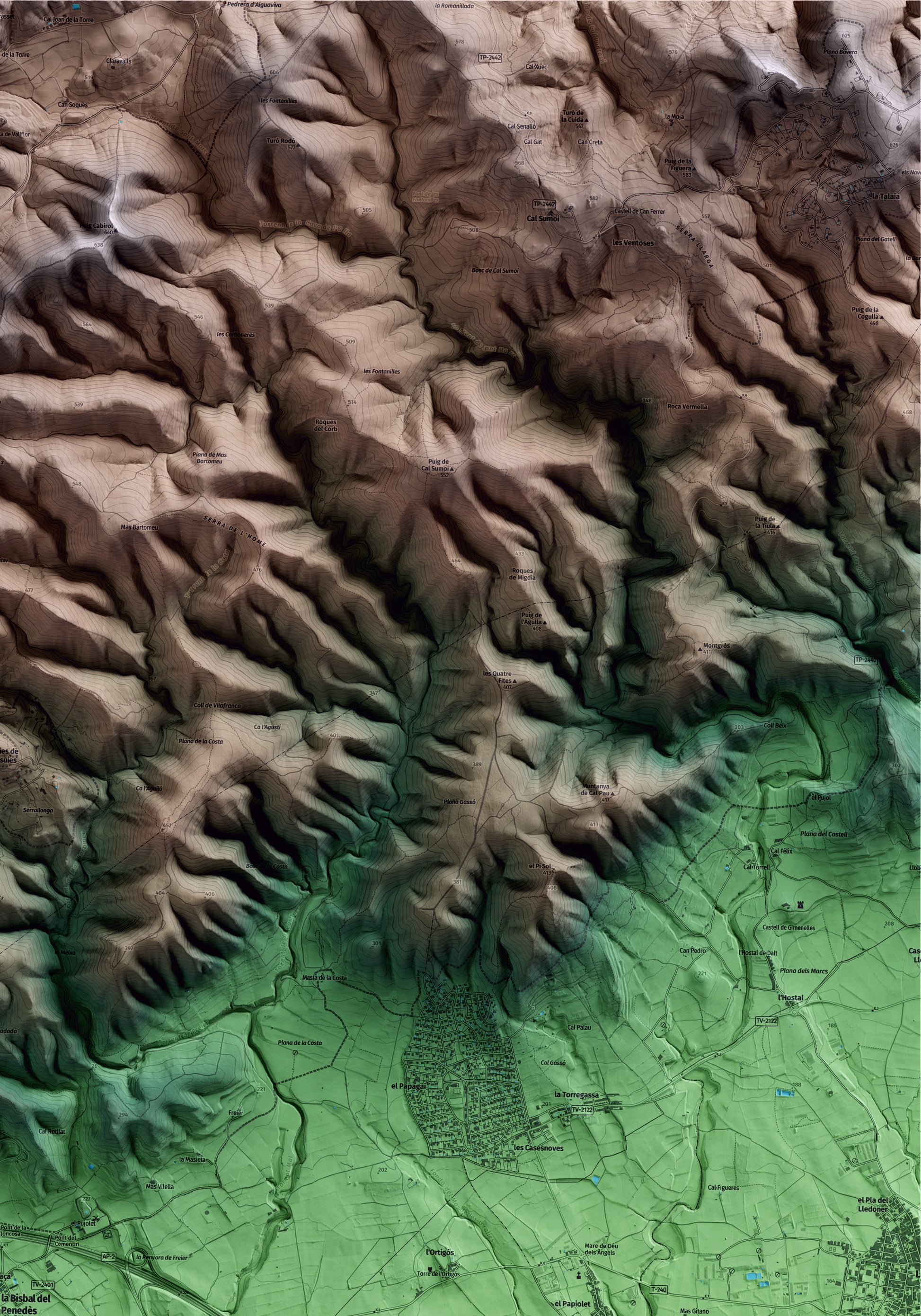 Mapa artístico del relieve de la Bisbal del Penedès, al Baix Penedès, con 15 km de entorno y base topográfica ICGC. Detalle de la zona superior derecha.