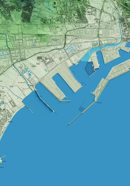 Mapa artístico del relieve de la Canonja, al Tarragonès, con 15 km de entorno y base topográfica ICGC. Detalle de la zona inferior derecha.