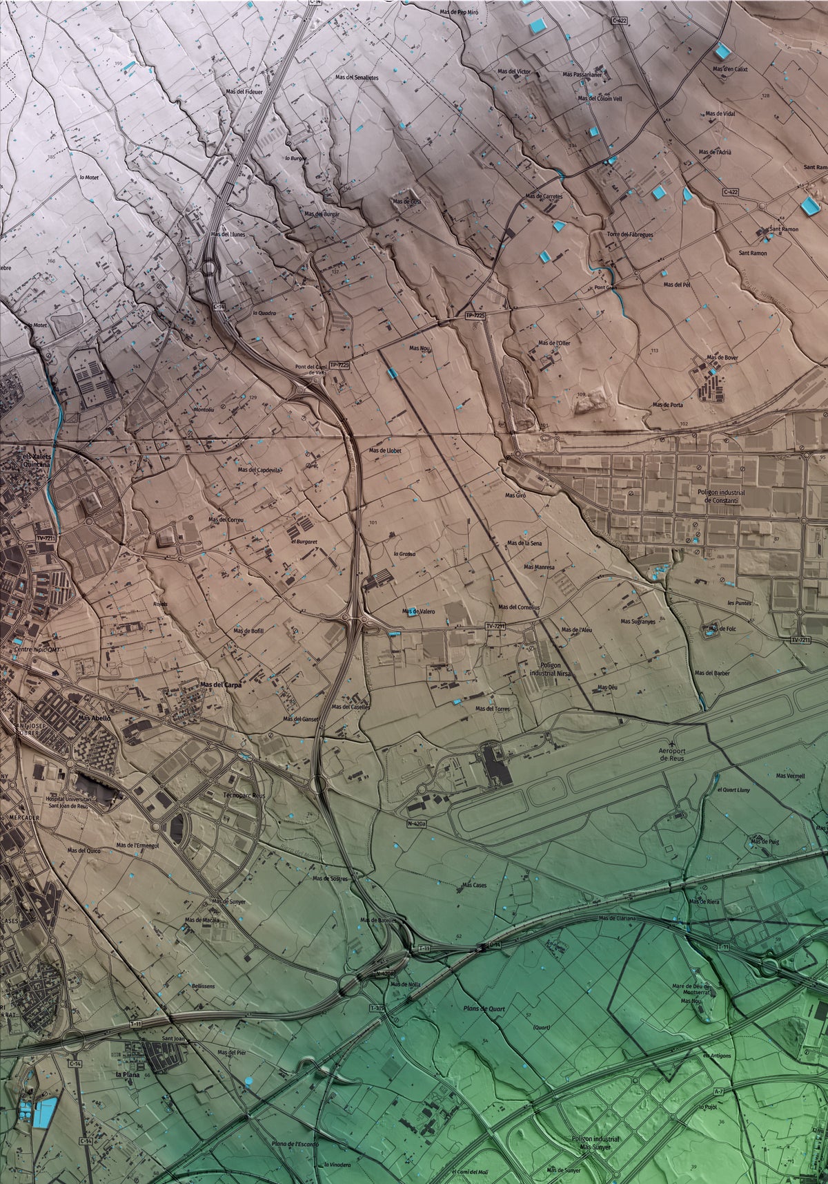 Mapa artístico del relieve de la Canonja, al Tarragonès, con 15 km de entorno y base topográfica ICGC. Detalle de la zona superior izquierda.