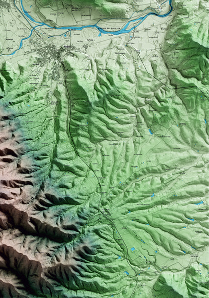 Mapa artístico del relieve de la Cellera de Ter, a la Selva, con 15 km de entorno y base topográfica ICGC. Detalle de la zona inferior derecha.