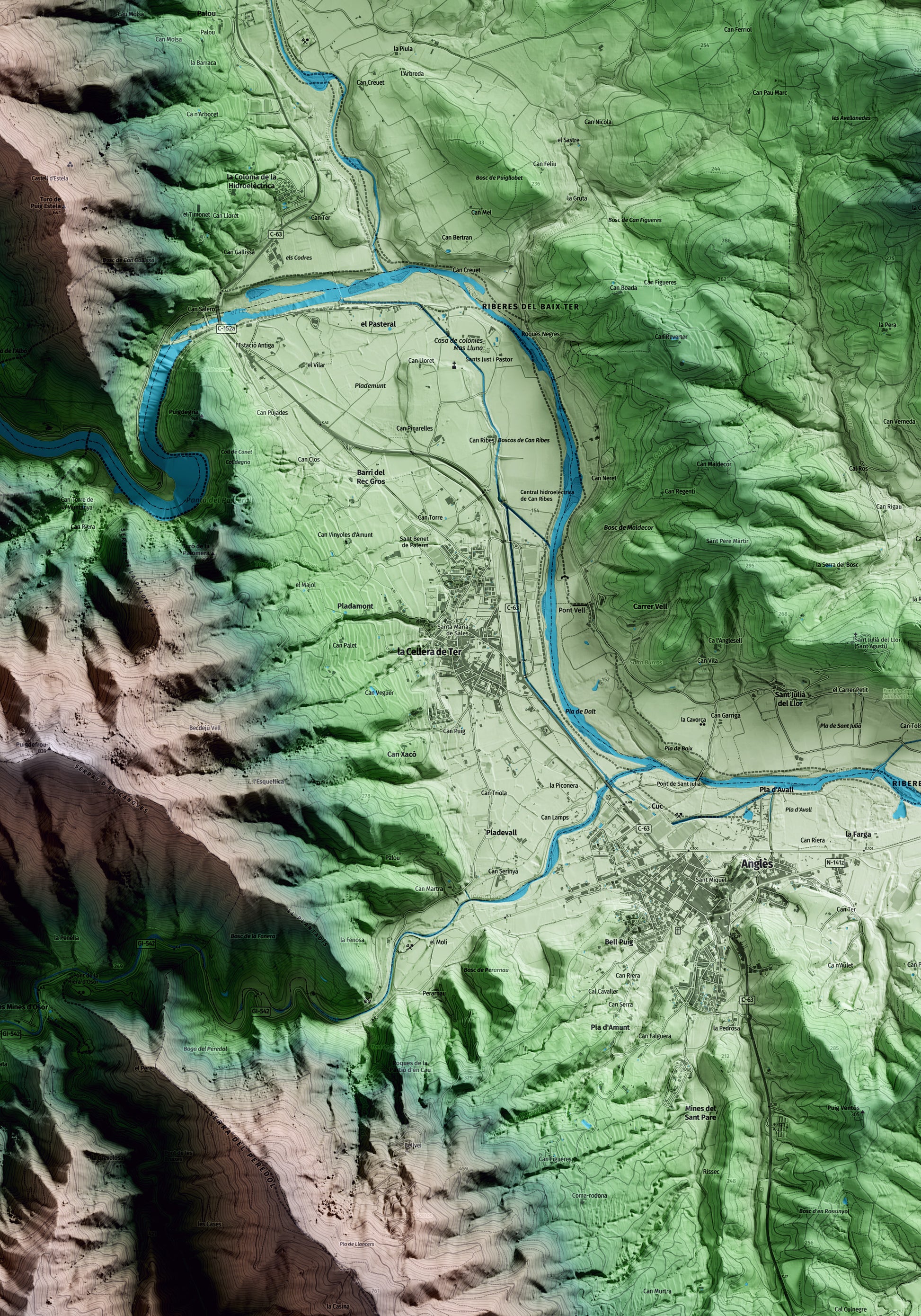 Mapa artístico del relieve de la Cellera de Ter, a la Selva, con 15 km de entorno y base topográfica ICGC. Detalle de la zona central.