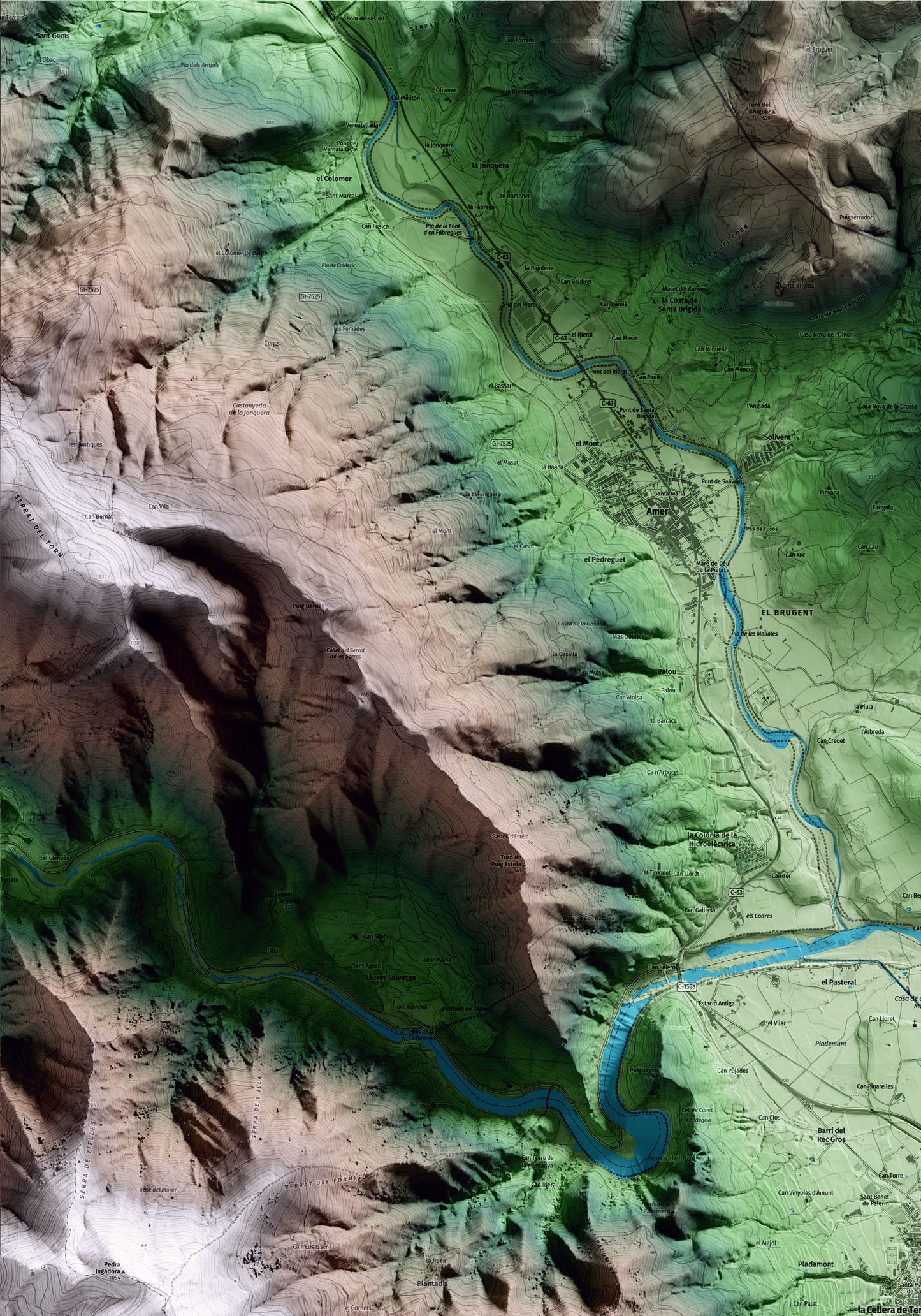 Mapa artístico del relieve de la Cellera de Ter, a la Selva, con 15 km de entorno y base topográfica ICGC. Detalle de la zona superior izquierda.