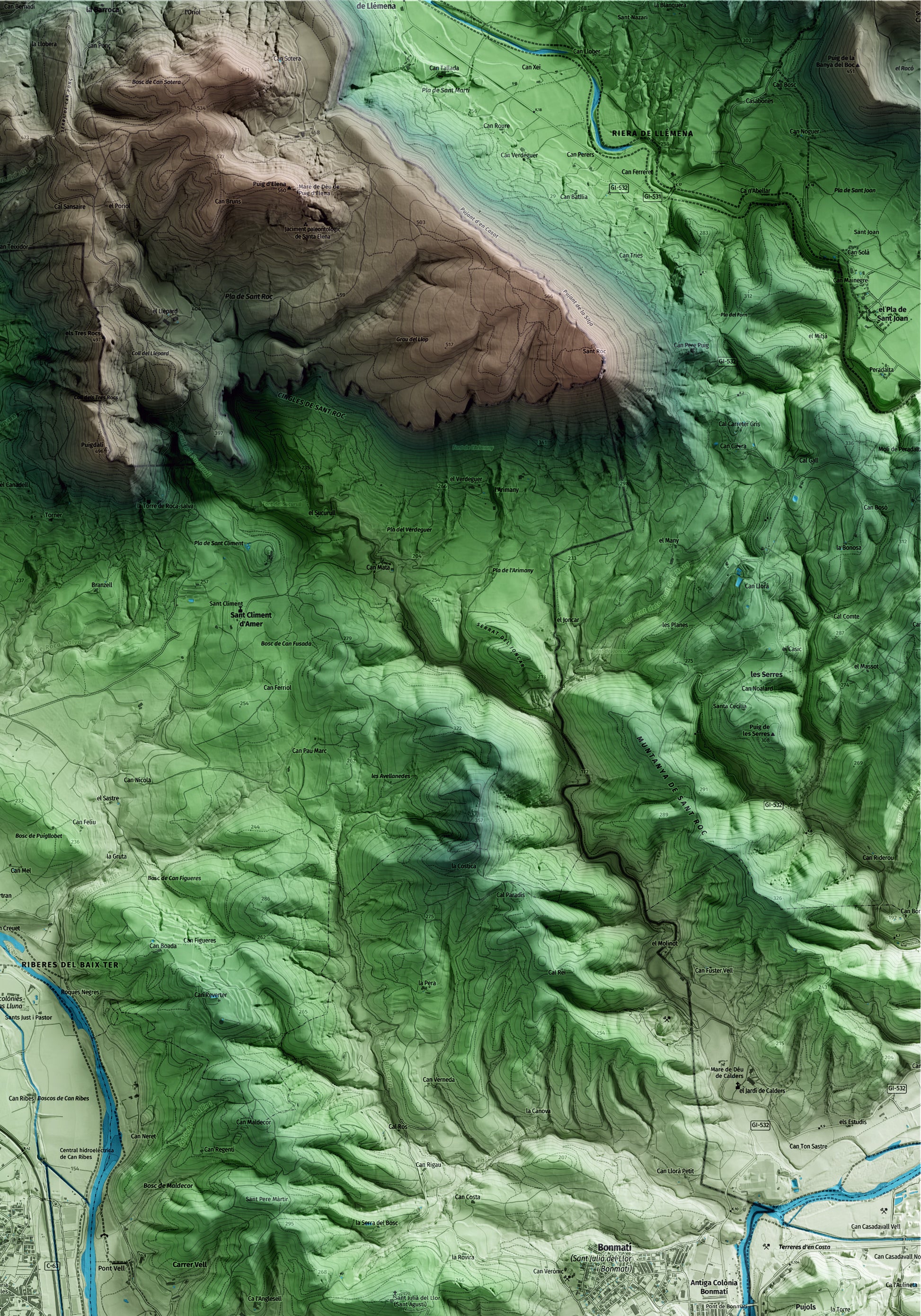 Mapa artístico del relieve de la Cellera de Ter, a la Selva, con 15 km de entorno y base topográfica ICGC. Detalle de la zona superior derecha.