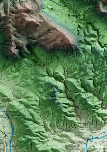 Mapa artístico del relieve de la Cellera de Ter, a la Selva, con 15 km de entorno y base topográfica ICGC. Detalle de la zona superior derecha.