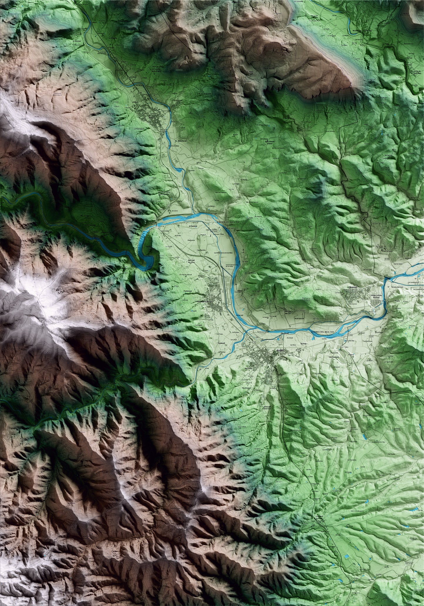 Mapa artístico del relieve de la Cellera de Ter, a la Selva, con 15 km de entorno y base topográfica ICGC