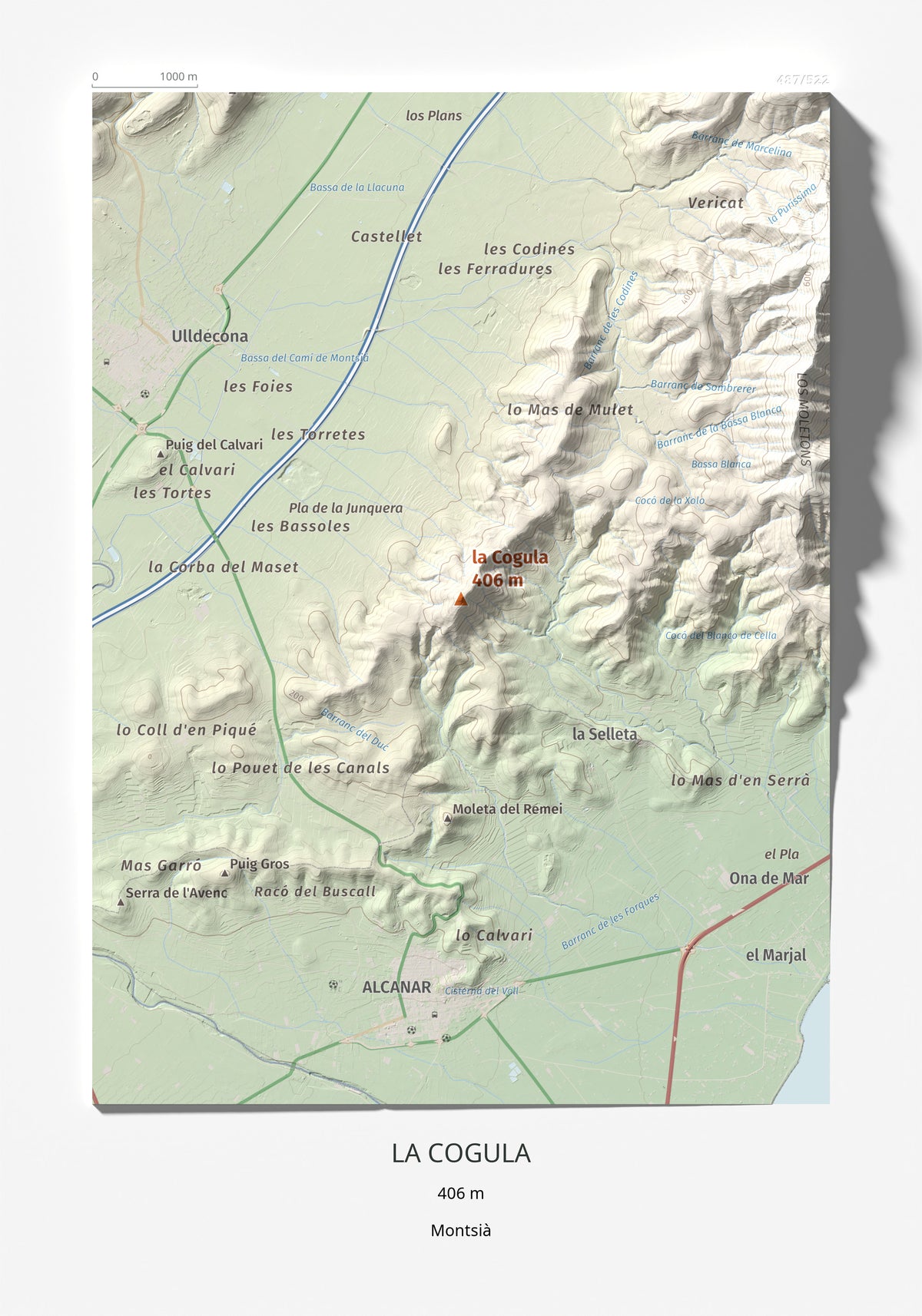 Mapa de relieve de la Cogula, 406 m, Montsià, lámina 100 Cims de Trobart 21 × 30 cm.