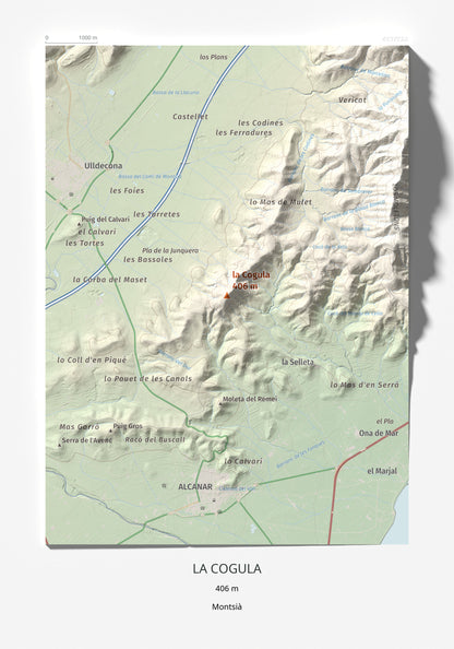Mapa de relieve de la Cogula, 406 m, Montsià, lámina 100 Cims de Trobart 21 × 30 cm.
