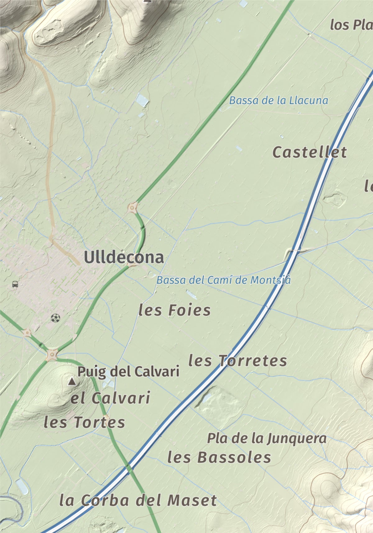 Mapa de relieve de la Cogula, 406 m, Montsià, lámina 100 Cims de Trobart. Detalle de la zona superior izquierda. 21 × 30 cm.