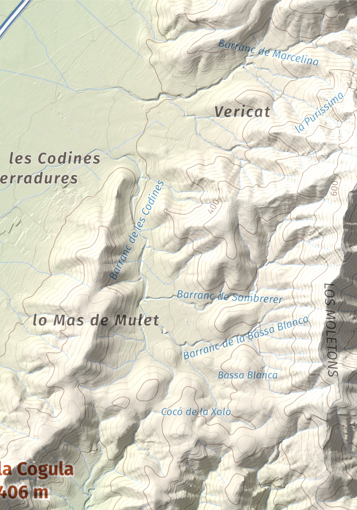 Mapa de relieve de la Cogula, 406 m, Montsià, lámina 100 Cims de Trobart. Detalle de la zona superior derecha. 21 × 30 cm.