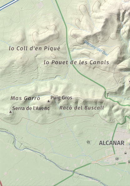 Mapa de relieve de la Cogula, 406 m, Montsià, lámina 100 Cims de Trobart. Detalle de la zona inferior izquierda. 21 × 30 cm.