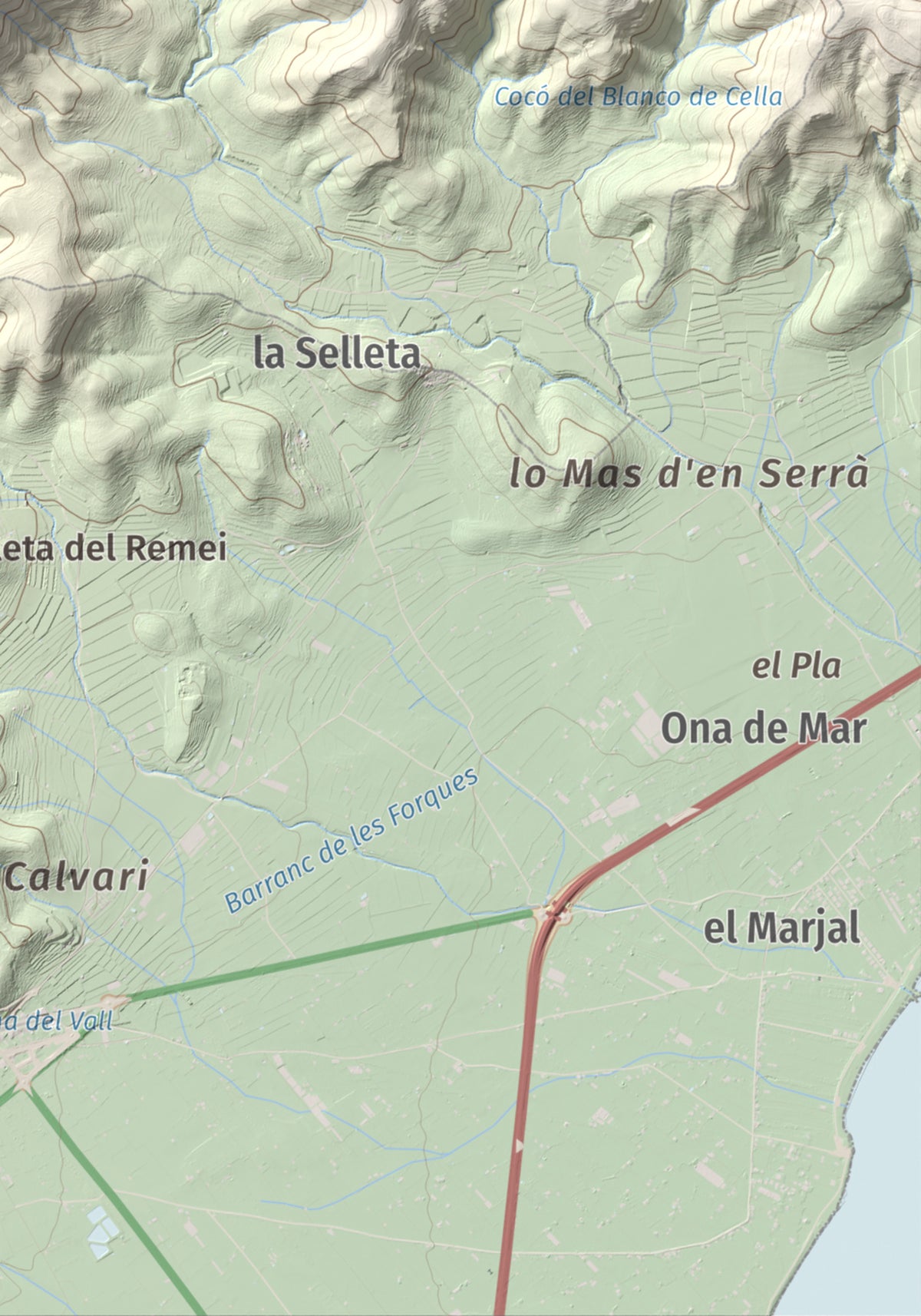 Mapa de relieve de la Cogula, 406 m, Montsià, lámina 100 Cims de Trobart. Detalle de la zona inferior derecha. 21 × 30 cm.